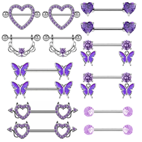 Piercing Capezzolo Serie Viola in Acciaio Inossidabile Eleganti Gioielli Cuore Farfalla Corna del Diavolo per Donna Uomo
