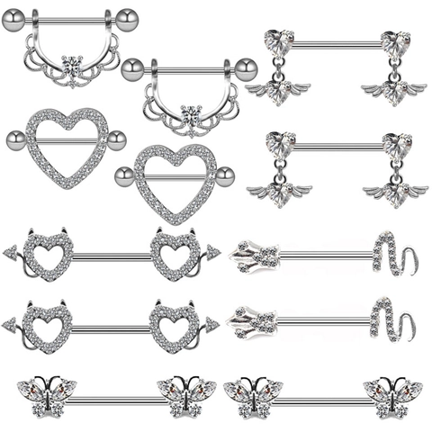 Stainless Steel Heart Nipple Ring With Rhinestones Gothic Butterfly Wing Nipple Stud Barbell Body Piercing Jewelry For Unisex