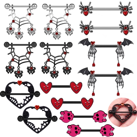 Gothik Edelstahl Nippelringe Halloween Spinne Fledermaus Skelett Herz Strass Körperpiercing Schmuck Für Damen