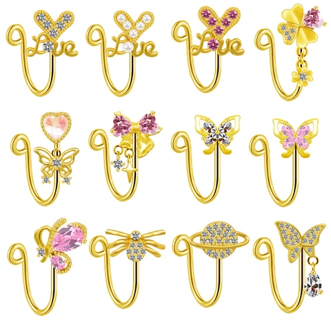 Stainless Steel Rhinestone Nose Cuffs For Women Non-Piercing Heart Butterfly Love Letter Star Planet Gold Plated Nose Ring Jewelry