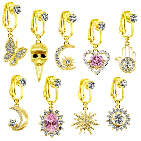 Stainless Steel Rhinestone Non Piercing Fake Belly Ring Ear Clip Jewelry Heart Butterfly Skull Moon Hamsa Hand Pendant For Women
