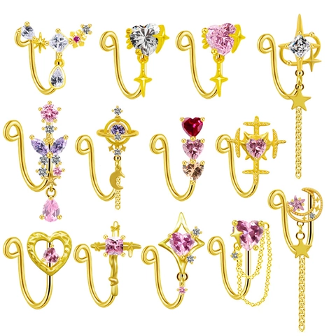 Fake Nose Ring Copper Zirconia Nose Cuff Non Pierced Clip On Nose Ring For Women Men Butterfly Heart Star Starburst Tassel Jewelry