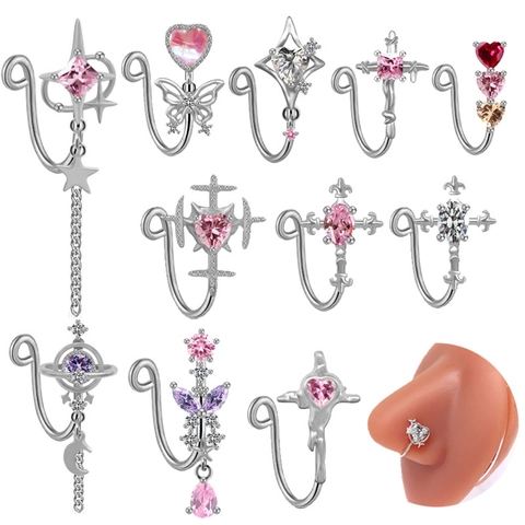 Stainless Steel Heart Zirconia Nose Clip Non Piercing Fake Nose Ring Elegant Star Moon Butterfly Nose Clip Jewelry For Women