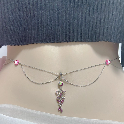 Luxury Alloy Butterfly Heart Belly Button Ring Waist Chain Rhinestone Evil Eye Star Body Chain Jewelry For Women