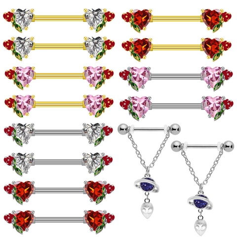 Stainless Steel Heart Rhinestone Nipple Rings Rose Flower Body Piercing Jewelry For Women Sexy Heart Barbell Piercing Jewelry