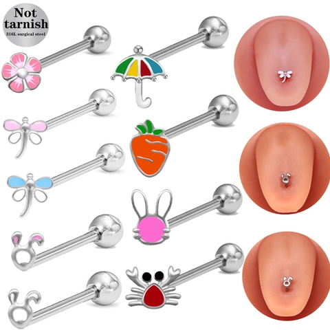 Anneau de Langue en Acier Chirurgical 316L Dessin Animé Animaux Lapin Libellule Crabe Motif Fleur Bijoux de Piercing Barbell