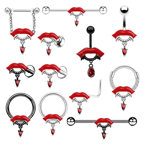 Gothic Vampire Red Lips Zirconia Body Piercing Jewelry Set Stainless Steel Belly Ring Nipple Ring Nose Stud Halloween Accessory