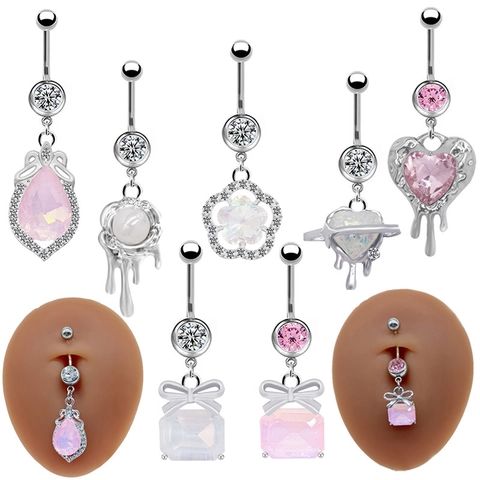 Luxury Alloy Zirconia Bowknot Heart Belly Ring Navel Piercing Jewelry For Women Cool Fluid Metal Style Body Jewelry Pink White Opal Stone