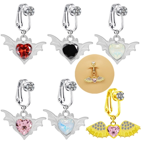 Navelring zonder Piercing Gothic Vleermuisvleugels Hart Zirkonia Clip On Navelring Vrouwen Fake Piercing Lichaamssieraden