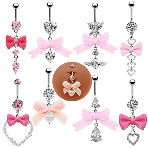 Süße Rosa Satinschleife Herz Bauchnabelpiercing Zinklegierung Strass Eingelegt Piercing Navel Ring Für Damen Schmuck