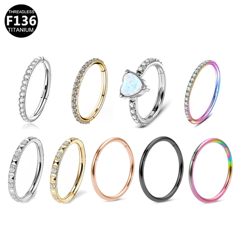 F136 Titanium Hinged Segment Ring Heart Opal Cubic Zirconia Pave Nose Ring Hexagon Hoop Piercing Jewelry For Women Men