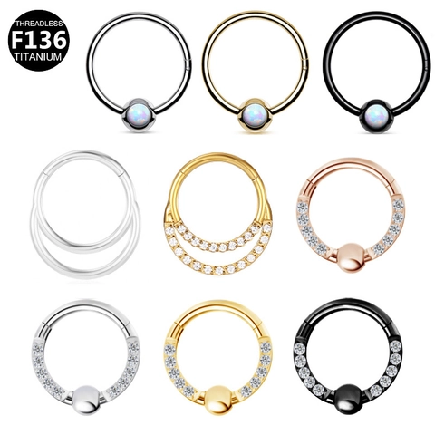 F136 Titanium Septum Clicker Nose Ring Zirconia Opal Inlaid Body Piercing Jewelry For Women Men Lip Ring Hinged Segment