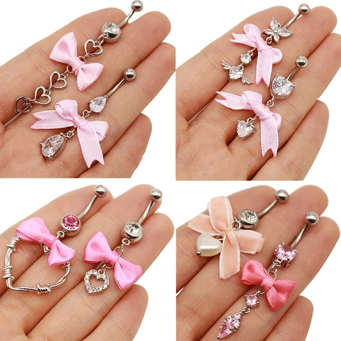 Süße Rosa Satinschleife Herz Bauchnabelpiercing Zinklegierung Strass Eingelegt Piercing Navel Ring Für Damen Schmuck