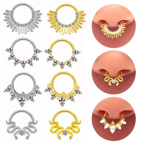 Anello al Naso Septum Clicker in Titanio G23 F136 Per Uomo Donna Zirconia Cubica Cuore Sole Serpente Gioielli da Piercing