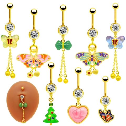 Zinc Alloy Zirconia Butterfly Heart Belly Ring Gold Plated Enamel Christmas Tree Navel Piercing Jewelry For Women Men