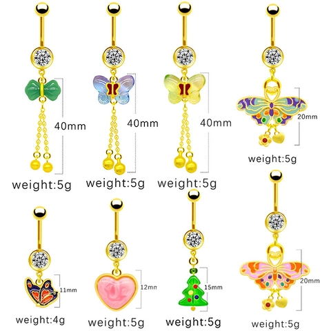 Zinc Alloy Zirconia Butterfly Heart Belly Ring Gold Plated Enamel Christmas Tree Navel Piercing Jewelry For Women Men
