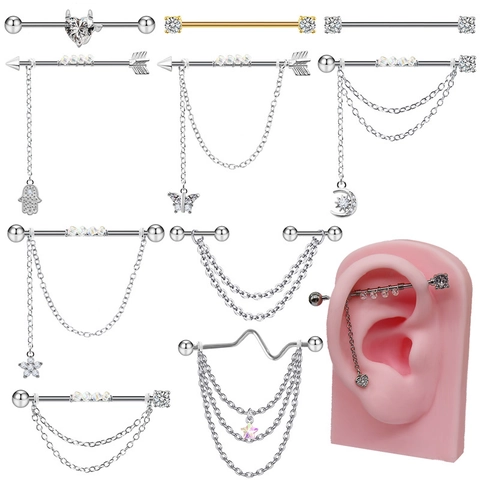 Gioielli per Piercing all'Orecchio Industrial Barbell in Acciaio al Titanio Orecchini a Catena con Cuore Luna Stella Zirconia per Donna Uomo Punk Gothic