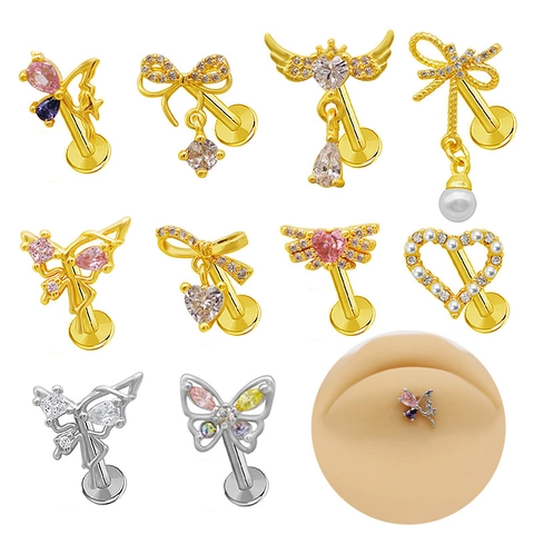 Western Copper Stainless Steel Lip Ring Labret Stud Butterfly Heart Angel Wings Rhinestone Piercing Jewelry For Women