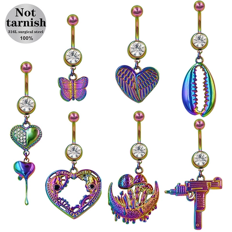 316L Stainless Steel Rainbow Belly Button Ring Rhinestone Body Piercing Jewelry Butterfly Moon Heart Pistol For Women