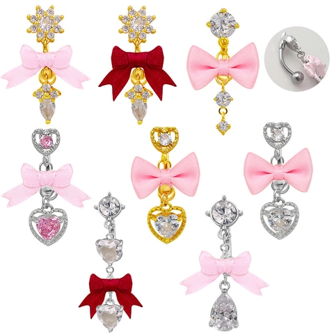 Piercing Ombligo de Aleación de Zinc con Circón Lazo de Satén Colgante Corazón Flor Joyería Corporal para Mujer Fiesta Playa