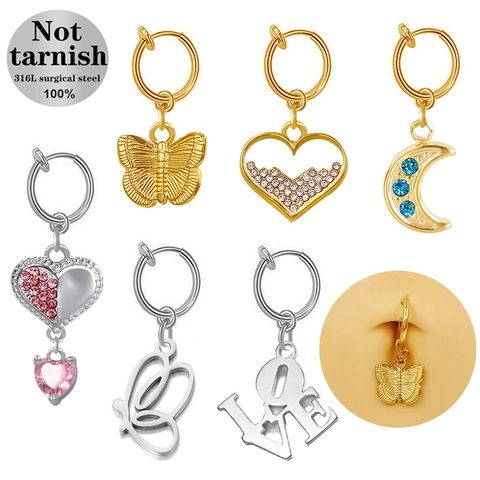 Zinc Alloy Rhinestone Non-pierced Belly Button Ring Butterfly Heart Moon Love Letter Spring Hoop Navel Jewelry For Women