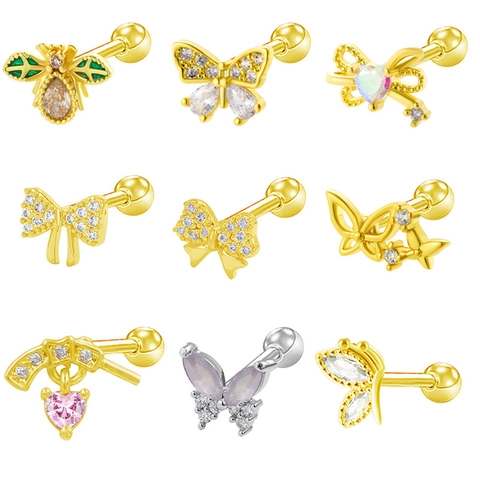 Titanium Steel Pistol Butterfly Bowknot Tragus Piercing Earrings Pink Zirconia Gold Silver Stud Earrings For Women Jewelry