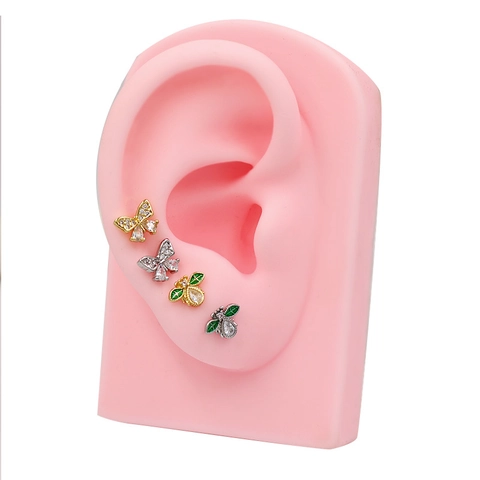 Titanium Steel Pistol Butterfly Bowknot Tragus Piercing Earrings Pink Zirconia Gold Silver Stud Earrings For Women Jewelry