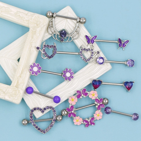 Stainless Steel Purple Nipple Rings Heart Butterfly Flower Body Piercing Jewelry Rhinestone Nipple Studs For Women