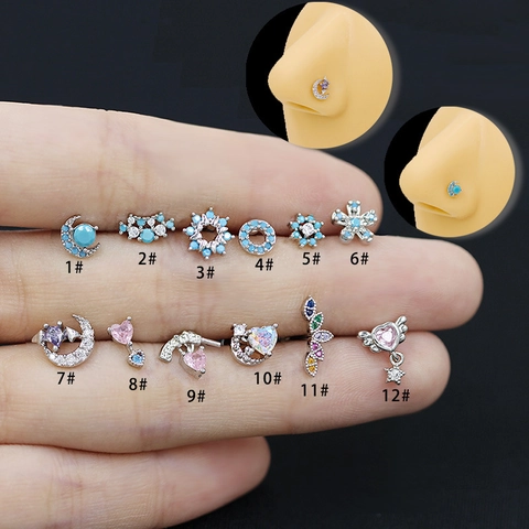 Stainless Steel Zircon Nose Studs Moon Bat Heart Pistol Piercing Body Jewelry Simple Fashion Nose Rings For Women Unisex