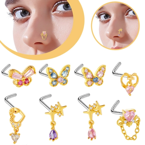 Stainless Steel L-Shaped Nose Stud For Women Pink Zircon Butterfly Heart Star Pendant Body Piercing Jewelry Gold Plated