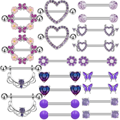 Stainless Steel Purple Nipple Rings Heart Butterfly Flower Body Piercing Jewelry Rhinestone Nipple Studs For Women