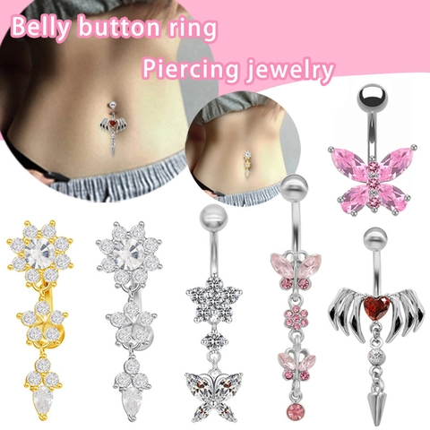 Roestvrij Staal Zirkonia Navelpiercing Vlinder Bloem Hart Vleermuisvleugel Hangen Piercing Sieraden Voor Vrouwen