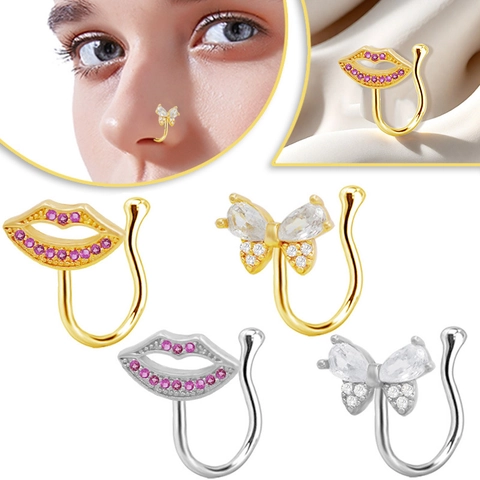 Stainless Steel Non-Piercing Nose Clip Butterfly Lip Shape Rhinestone Inlaid Gold Silver Fake Nose Ring Body Jewelry For Women