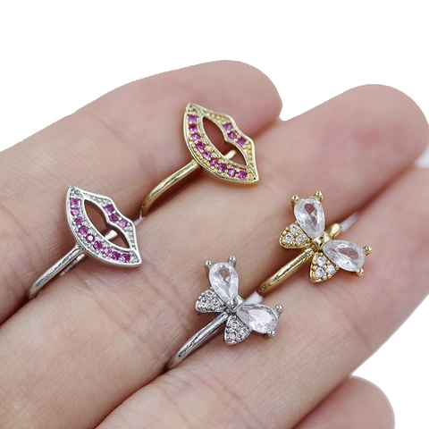 Stainless Steel Non-Piercing Nose Clip Butterfly Lip Shape Rhinestone Inlaid Gold Silver Fake Nose Ring Body Jewelry For Women
