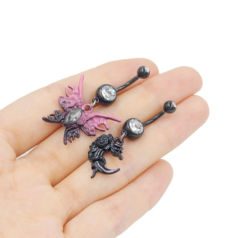Gothic Black Halloween Navel Piercing Jewelry Zinc Alloy Rhinestone Spider Ghost Bat Butterfly Heart Belly Rings For Women Men Punk Accessory