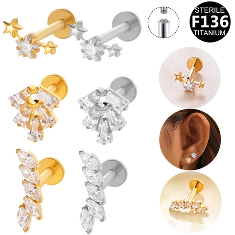 Copper Rhinestone Internally Threaded Lip Ring Labret Stud For Women Men Gold Silver Star Marquise Fan Piercing Jewelry