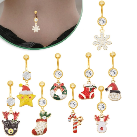 Piercings de Ombligo de Navidad Oro Aleación de Zinc Zircón Esmalte Reno Copo de Nieve Calcetín de Navidad Bastón de Caramelo Corona Joyería de Piercing para Mujer Fiesta Regalo