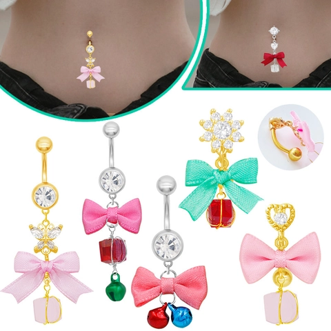 Zinc Alloy Rhinestone Bowknot Belly Button Ring For Women Satin Ribbon Christmas Bell Pendant Navel Piercing Jewelry