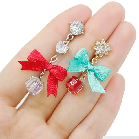 Zinc Alloy Rhinestone Bowknot Belly Button Ring For Women Satin Ribbon Christmas Bell Pendant Navel Piercing Jewelry