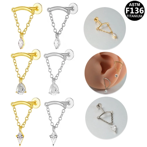 F136 Titanium Alloy Marquise Pear Kite Cut Rhinestone Dangle Chain Lip Stud Internally Threaded Piercing Jewelry For Women Men