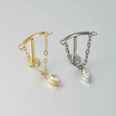 F136 Titanium Alloy Marquise Pear Kite Cut Rhinestone Dangle Chain Lip Stud Internally Threaded Piercing Jewelry For Women Men