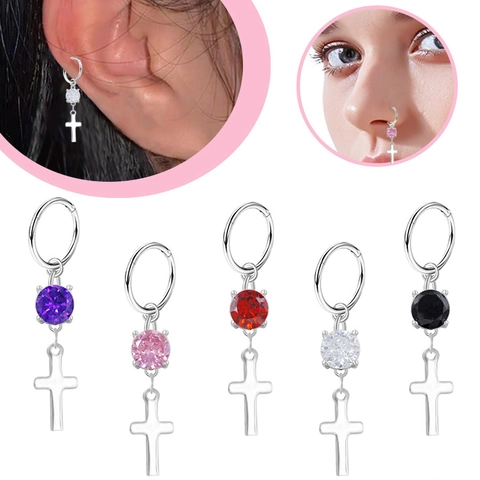 Stainless Steel Cross Pendant Nose Ring Hoops With Round Zirconia Punk Gothic Body Piercing Jewelry For Men Women