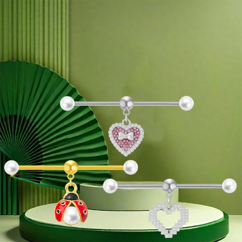 Titanium Steel Industrial Barbell Ear Piercing Jewelry With Artificial Pearl Rhinestone Heart Ladybug Pendant Bar Earrings
