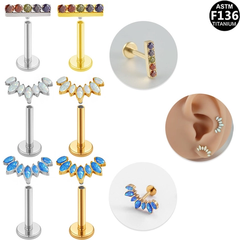 ASTM F136 Titanium Internally Threaded Lip Ring Stud Gold Silver Fan Shaped Opal Zirconia Earring Body Piercing Jewelry Women