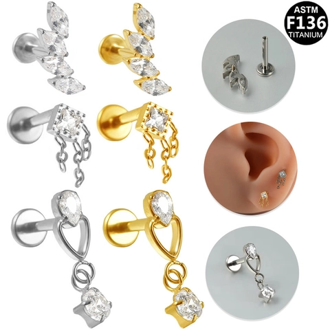 ASTM F136 Titanium Zirconia Internally Threaded Labret Lip Ring For Women Men Tassel Chain Heart Leaf Piercing Jewelry