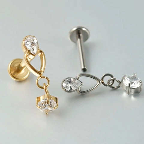 ASTM F136 Titanium Zirconia Internally Threaded Labret Lip Ring For Women Men Tassel Chain Heart Leaf Piercing Jewelry