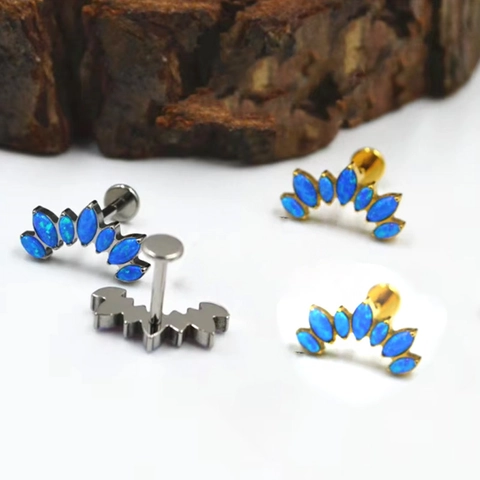 ASTM F136 Titanium Internally Threaded Lip Ring Stud Gold Silver Fan Shaped Opal Zirconia Earring Body Piercing Jewelry Women