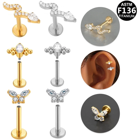 ASTM F136 Titanium Labret Lip Ring Butterfly Snake Zirconia Internally Threaded Flat Back Ear Piercing Stud Jewelry For Women