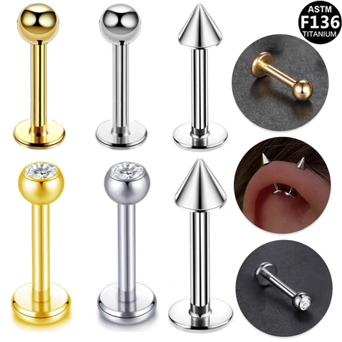 ASTM F136 Titanium Labret Stud Lipring Interne Schroefdraad Piercing Sieraden Goud Zilver Bal Kegel Strass Top Oorknopjes