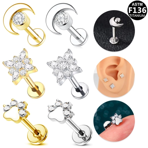 Joyas de Piercing de Titanio ASTM F136 Zirconia Labret Luna Flor Estrella Pata Roscado Interno Pendientes de Cartílago de Oreja